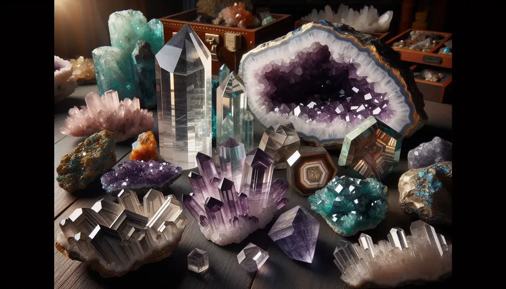 Cristalli minerali vari su tavolo scuro: quarzo trasparente centrale, amethysto viola, pirite dorata, geode con celestite, malachite verde.