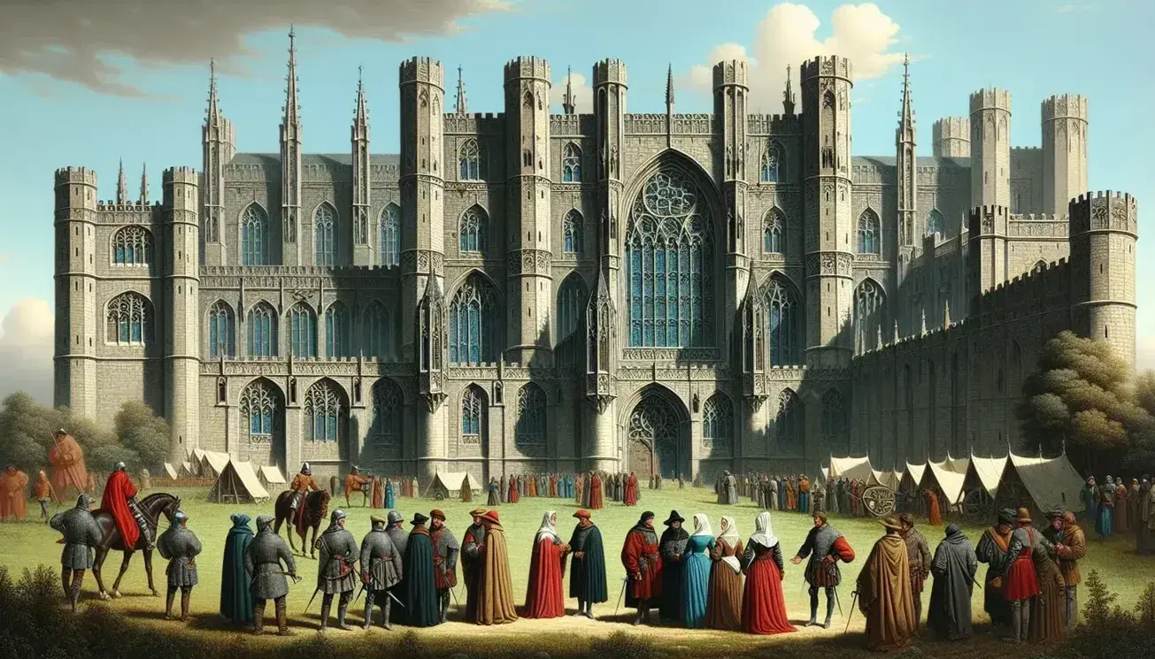 Scena medievale con castello gotico e torri alte, gruppo di persone in abiti d'epoca e armature lucenti dialogano, contadini lavorano nei campi verdi.
