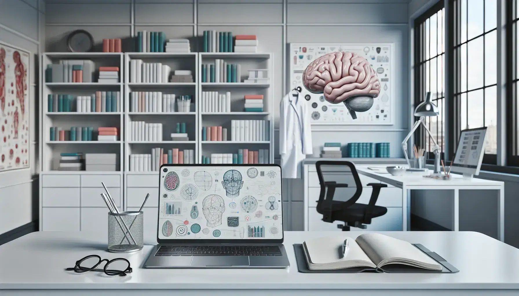 Laboratorio de psicología con escritorio, portátil, gafas, cuaderno, estanterías con libros, póster cerebral, silla ergonómica y modelo anatómico de cabeza.