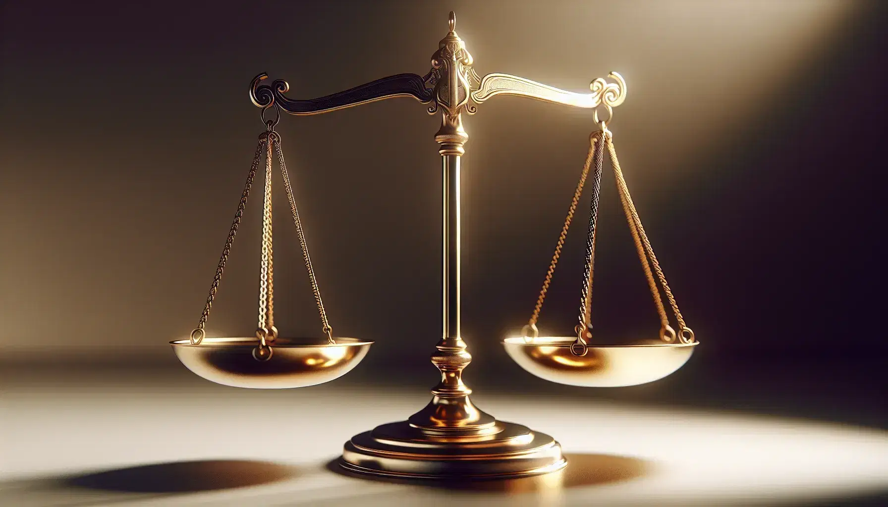 Balanza de dos platos en equilibrio, de metal brillante dorado, reflejando la luz sobre fondo neutro desenfocado, simbolizando justicia y equidad.