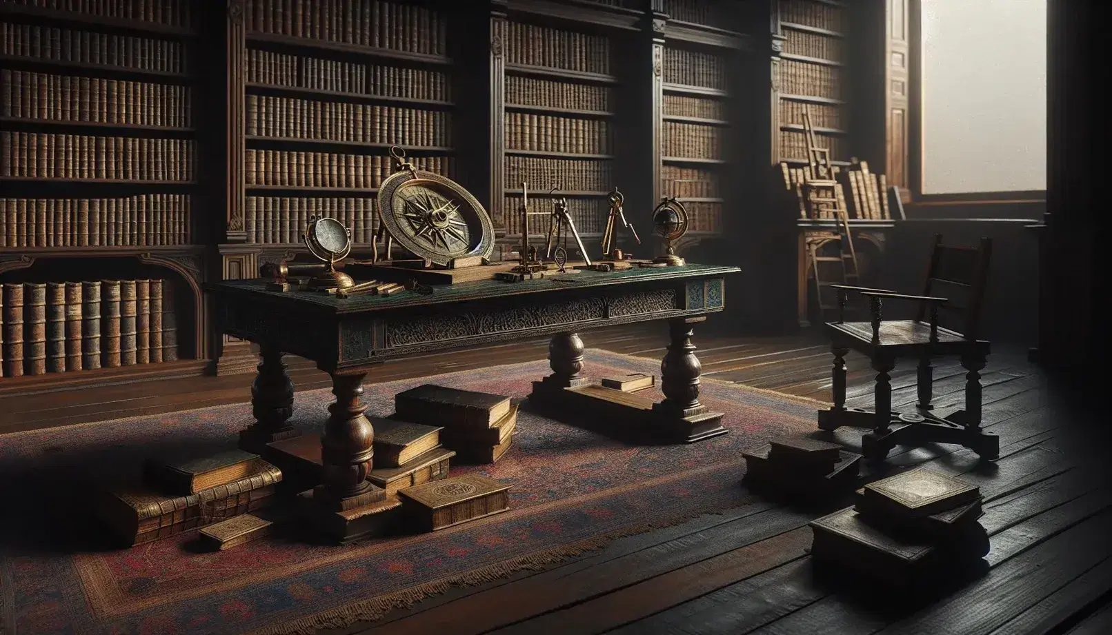 Biblioteca antigua con mesa de madera oscura, instrumentos de medición, libros encuadernados en cuero y globo terráqueo, bajo luz suave y difusa.