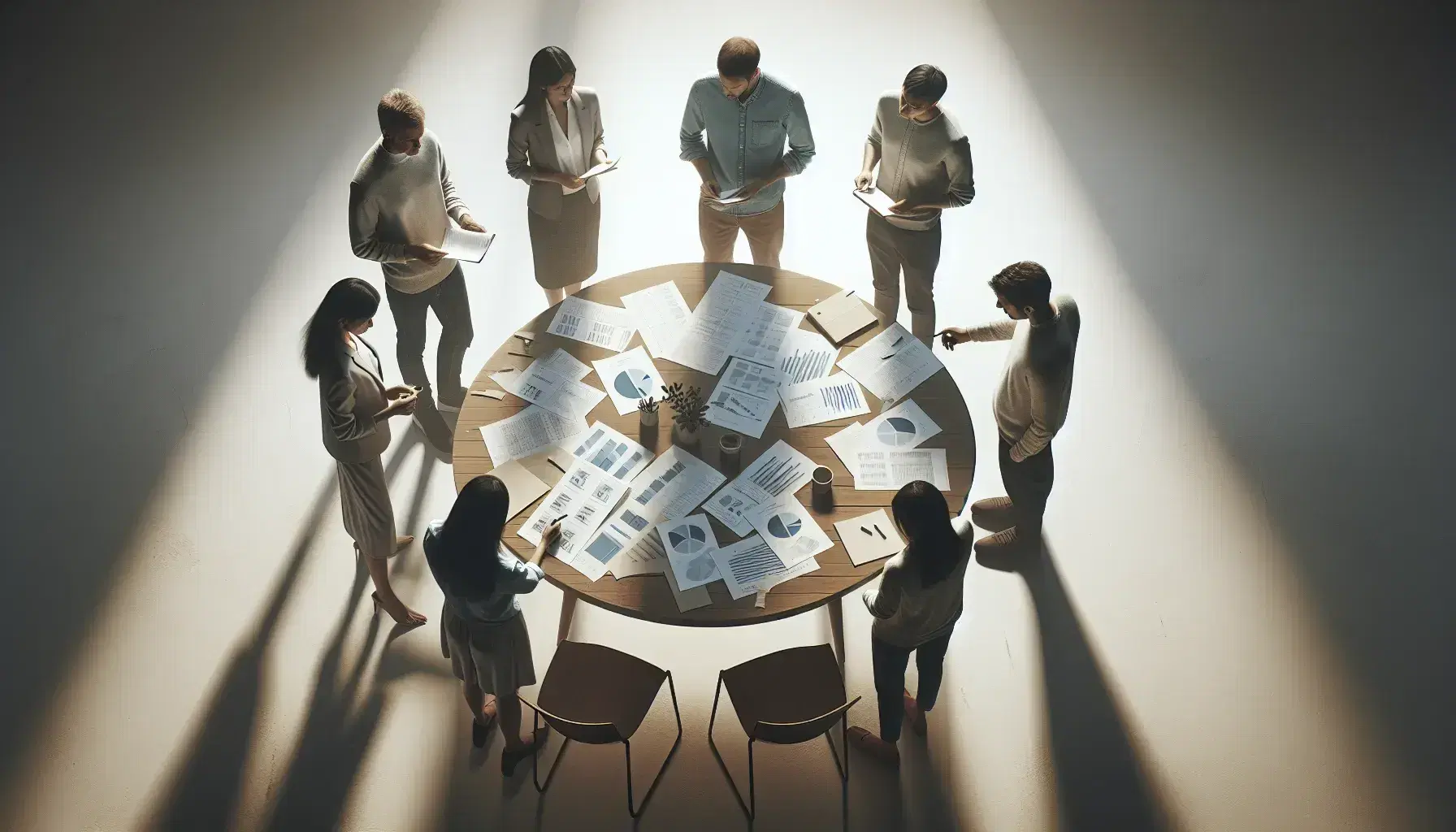 Grupo de cinco profesionales en reunión de trabajo alrededor de una mesa redonda con papeles y gráficos, en un ambiente de discusión activa y toma de notas.