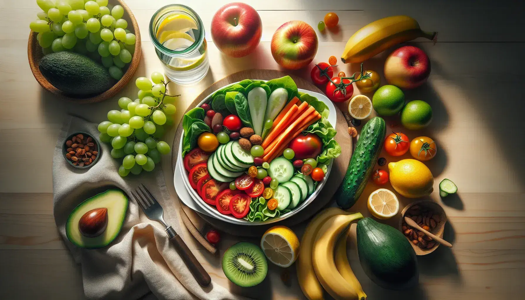 Ensalada fresca y variada fruta en mesa de madera, con uvas verdes, manzana roja, banana madura, aguacate y agua con limón, reflejando un estilo de vida saludable.