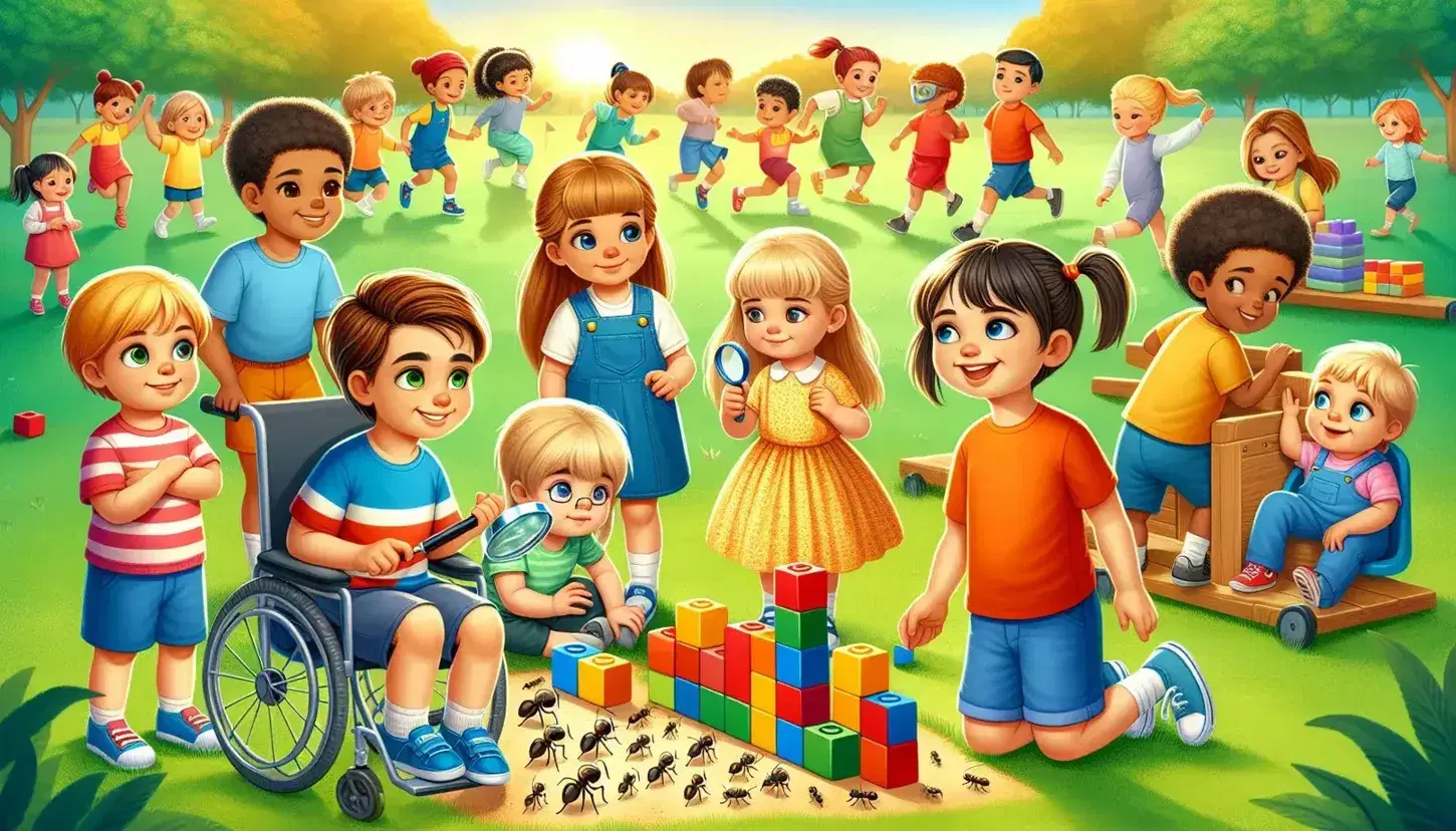Niños diversos jugando en parque soleado, con niño construyendo torre de bloques y niña observando hormigas, otros corriendo y en columpios, y niño en silla de ruedas sonriendo.