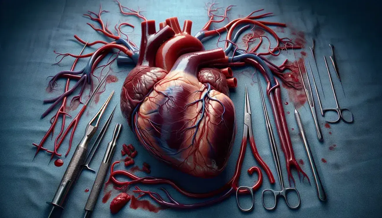 Cuore umano reale post-chirurgia su campo operatorio blu, con strumenti chirurgici adiacenti e dettaglio di arterie e vene.