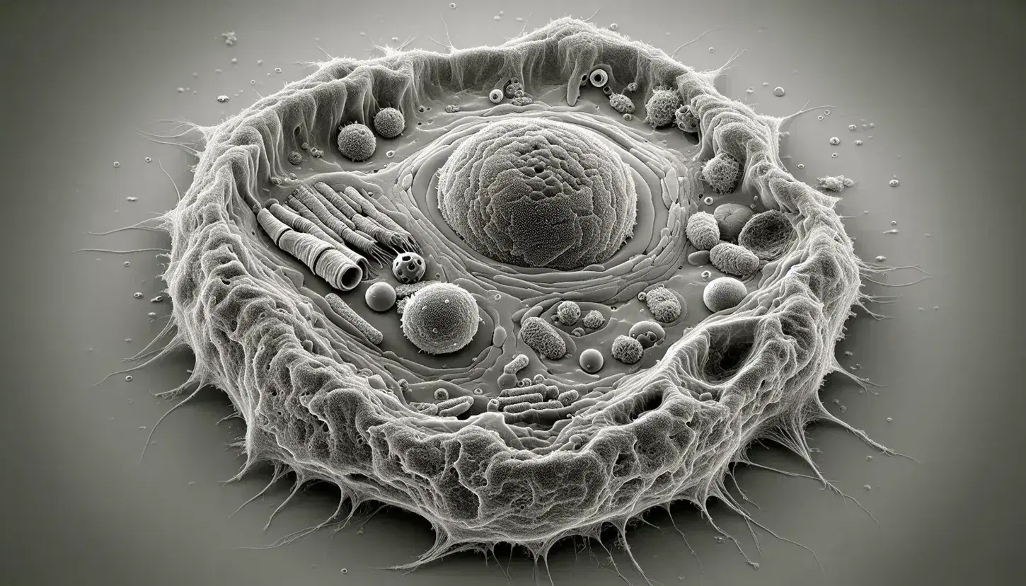 Vista microscópica de célula eucariota animal con núcleo central, citoplasma granulado, orgánulos, aparato de Golgi, retículo endoplasmático y citoesqueleto en tonos rosas y grises.
