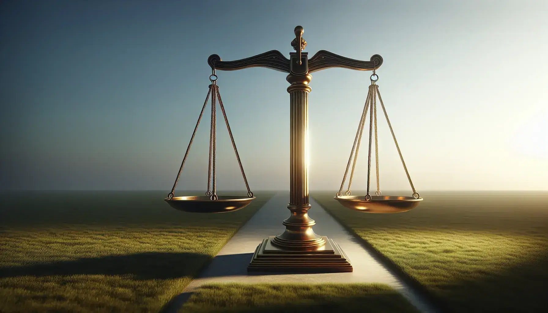 Golden balance scale in equilibrium on a grassy field with a clear blue sky background, symbolizing justice and fairness.