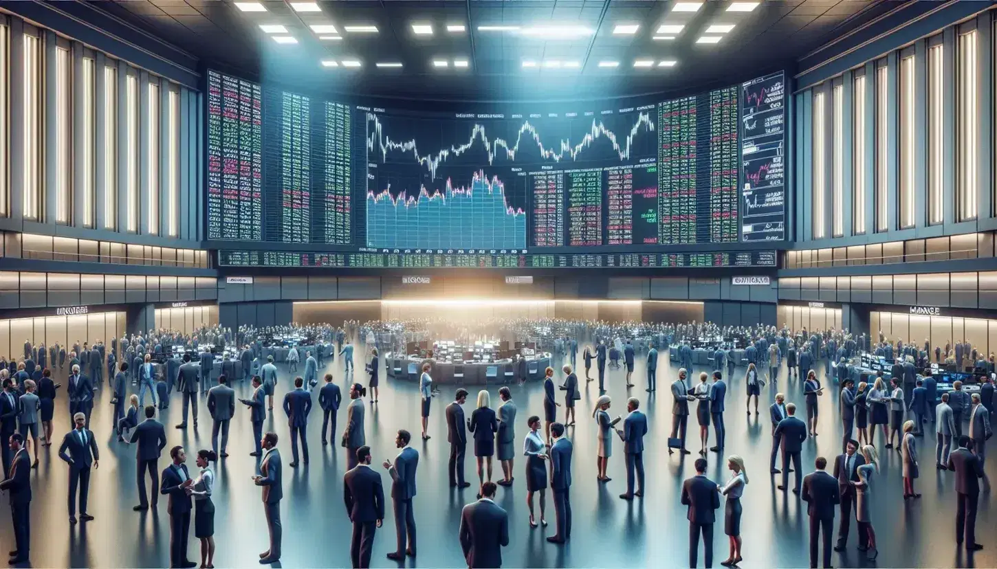 Folla di persone in abiti formali e casual all'interno di una sala della borsa con schermi di grafici, atmosfera di attività e concentrazione.