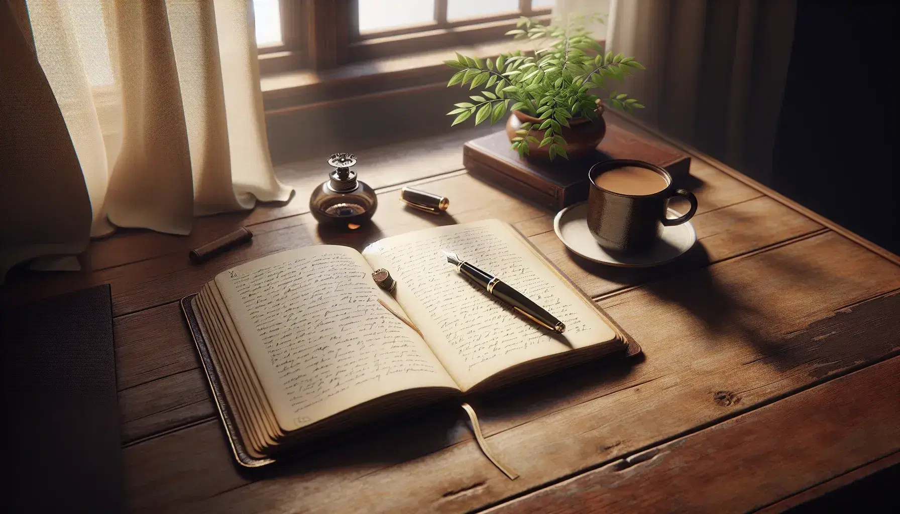 Scrivania in legno con diario aperto, penna stilografica nera, piantina in vaso e tazza di bevanda calda, sfondo con finestra luminosa.