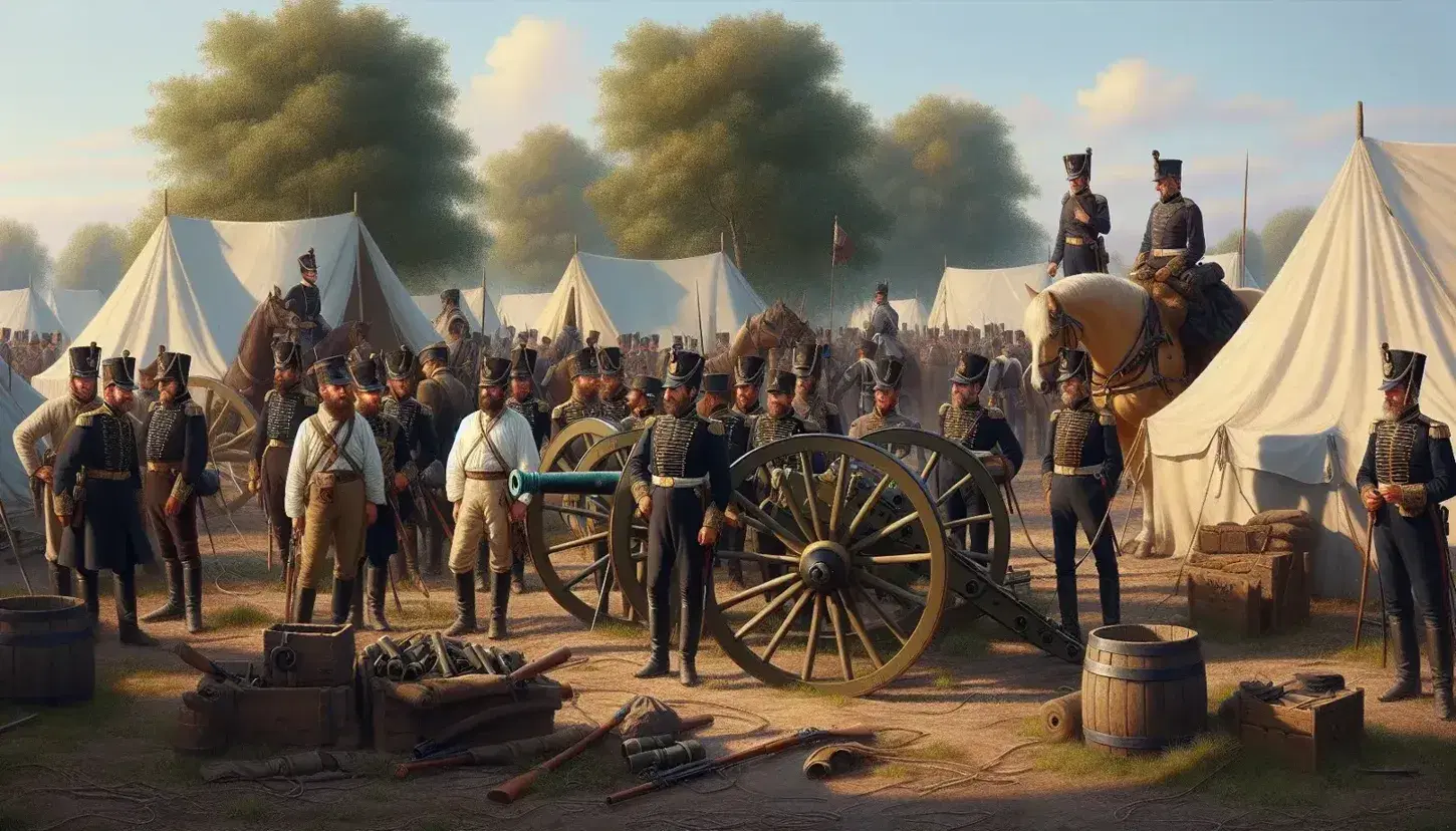 Escena histórica al aire libre con hombres en uniformes militares del siglo XIX junto a un cañón y un caballo cerca de tiendas de campaña.