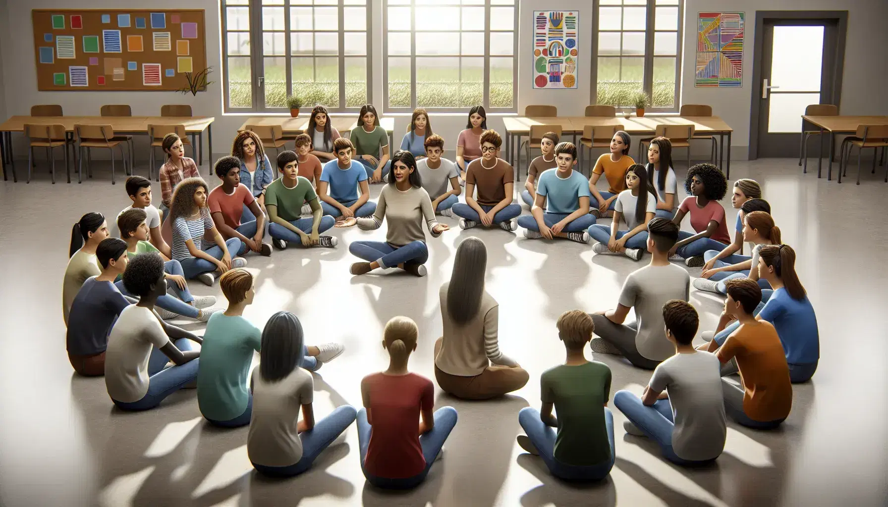 Maestra interactuando con estudiantes diversos sentados en semicírculo en aula iluminada, con ventana y pósteres coloridos, ambiente de aprendizaje colaborativo.