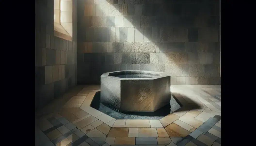 Pila bautismal octagonal de piedra con agua reflejando la luz, en suelo geométrico beige y marrón, junto a pared de piedra con ventana semicircular.