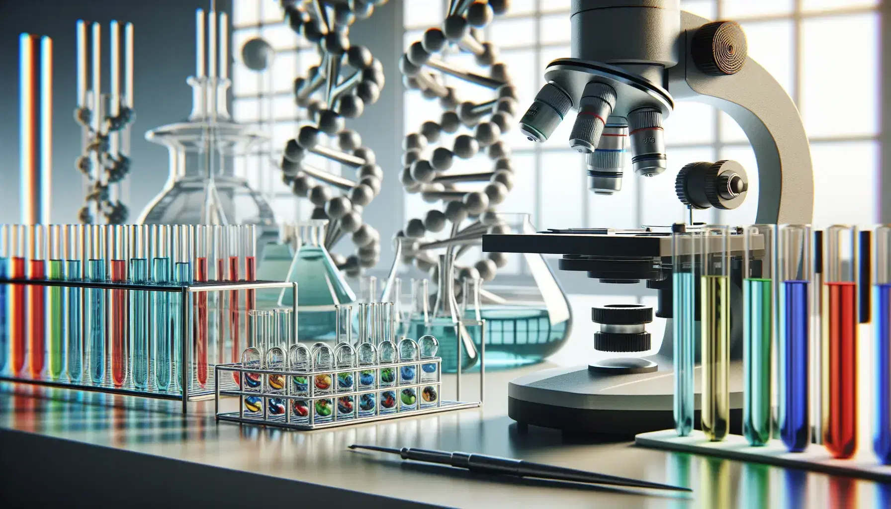 Genetics laboratory with microscope, colored test tubes on transparent rack and blurred DNA model on workbench.
