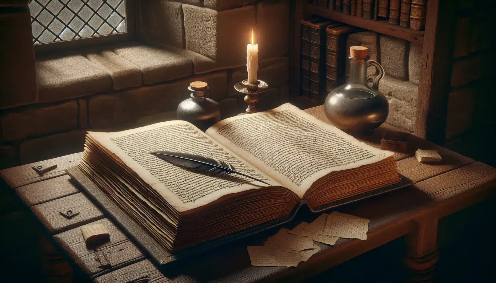 Dimly lit medieval study with an open antique book on an oak table, quill in inkwell, candlelight, glass bottle, loose pages, and a wooden cross in the background.