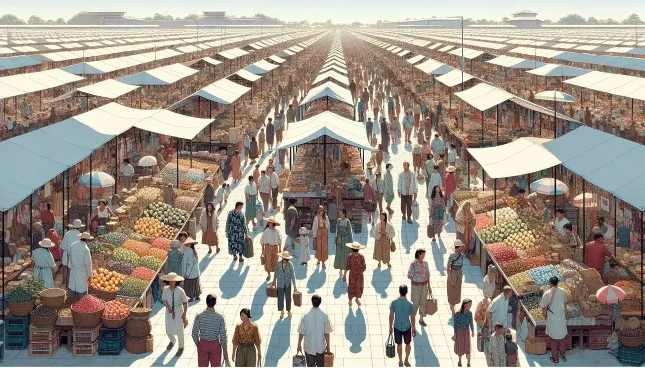 Bustling open-air market with diverse shoppers browsing stalls selling fruits, vegetables, clothing, and crafts under white canopies against a clear blue sky.