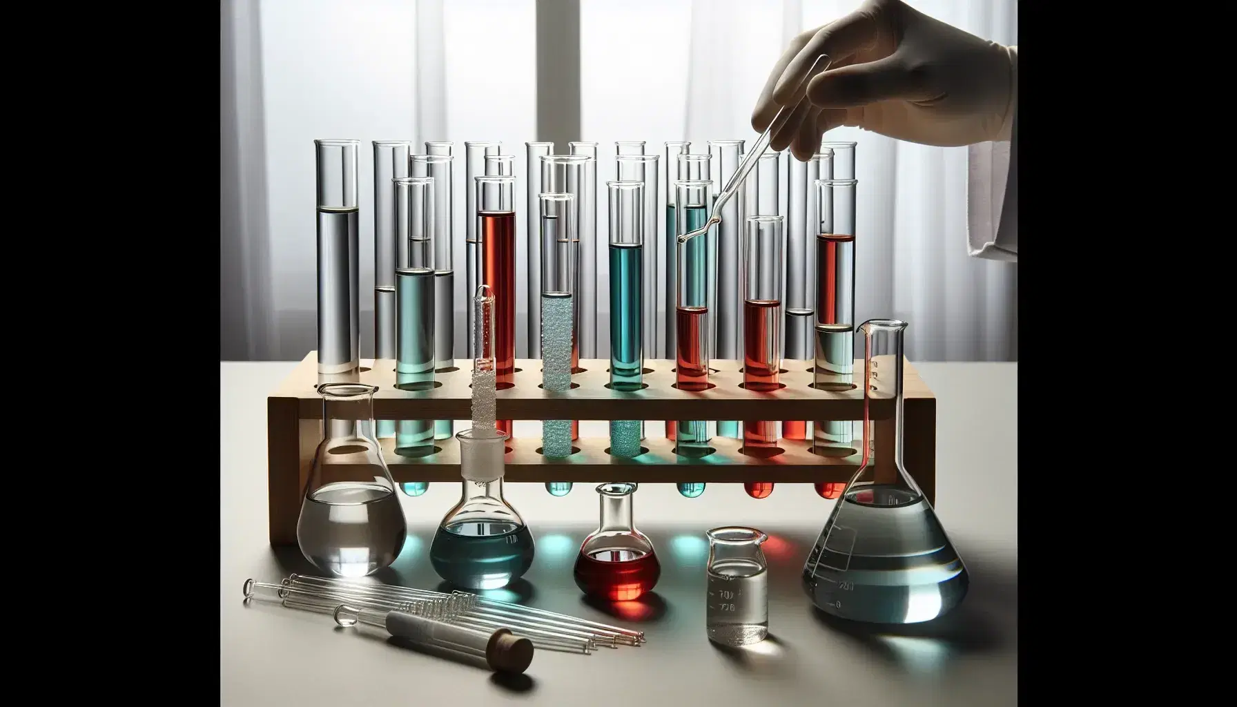 Laboratorio con provette contenenti liquidi colorati su supporto in legno, becher con liquidi incolori, pipette di vetro e mani guantate che maneggiano le provette.