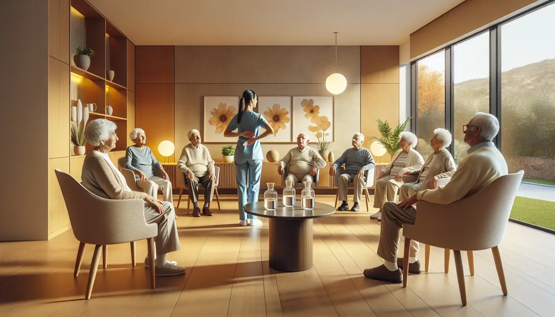 Elderly residents participate in a gentle exercise led by a caregiver in a sunny Spanish retirement home with a garden view and hydration station.