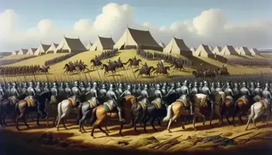 Escena de batalla de la Guerra de los Treinta Años con soldados en armaduras y cascos empuñando mosquetes y picas, frente a tiendas de campaña y caballería en una colina.