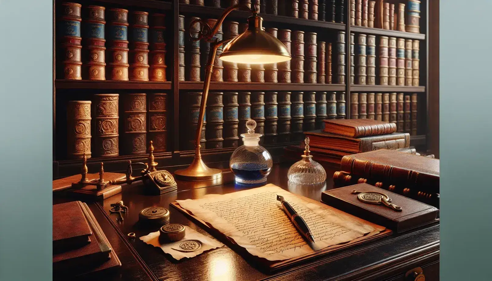 Scrivania antica in legno scuro con penna stilografica, calamaio, manoscritti e sigillo in ottone, su sfondo di libreria con volumi rilegati e lampada.