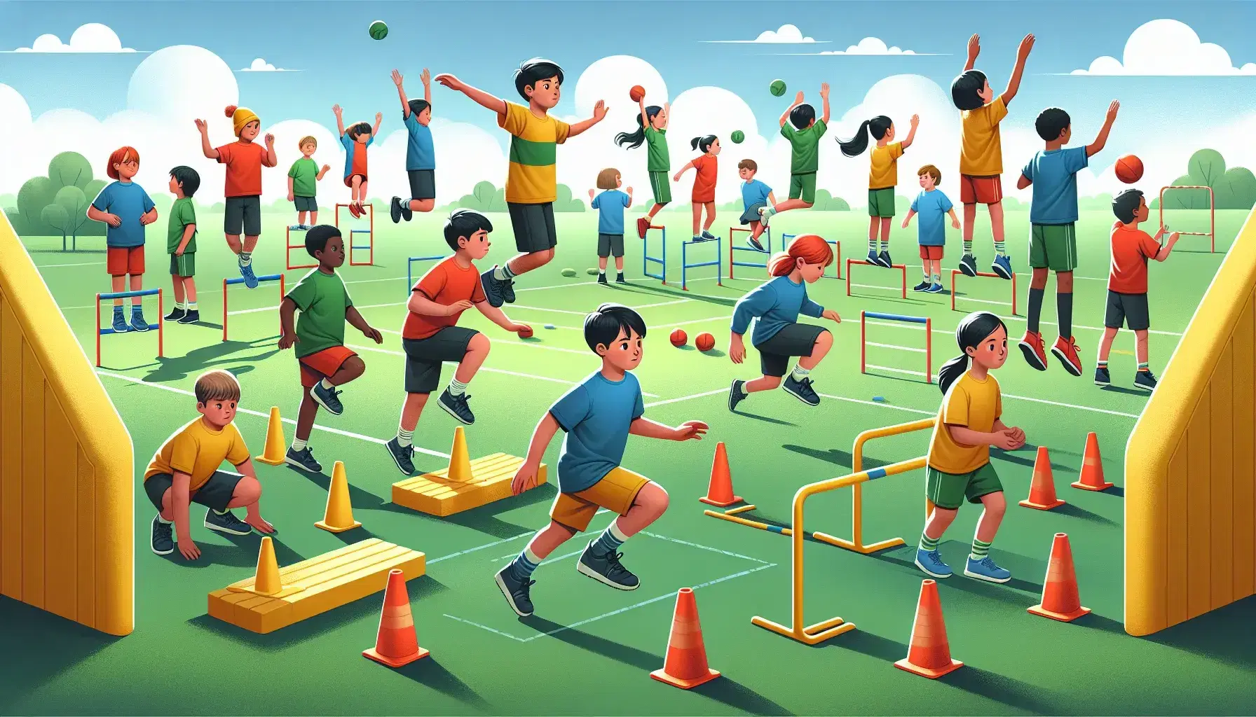Niños y niñas realizando actividades deportivas en campo de hierba, saltando obstáculos y jugando con balones en día soleado.