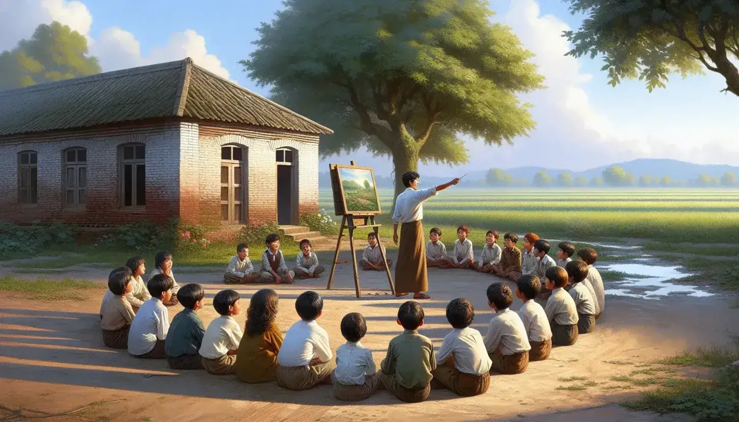 Niños sentados en semicírculo al aire libre frente a maestro señalando árbol, con pizarra portátil y escuela de ladrillo en paisaje rural.