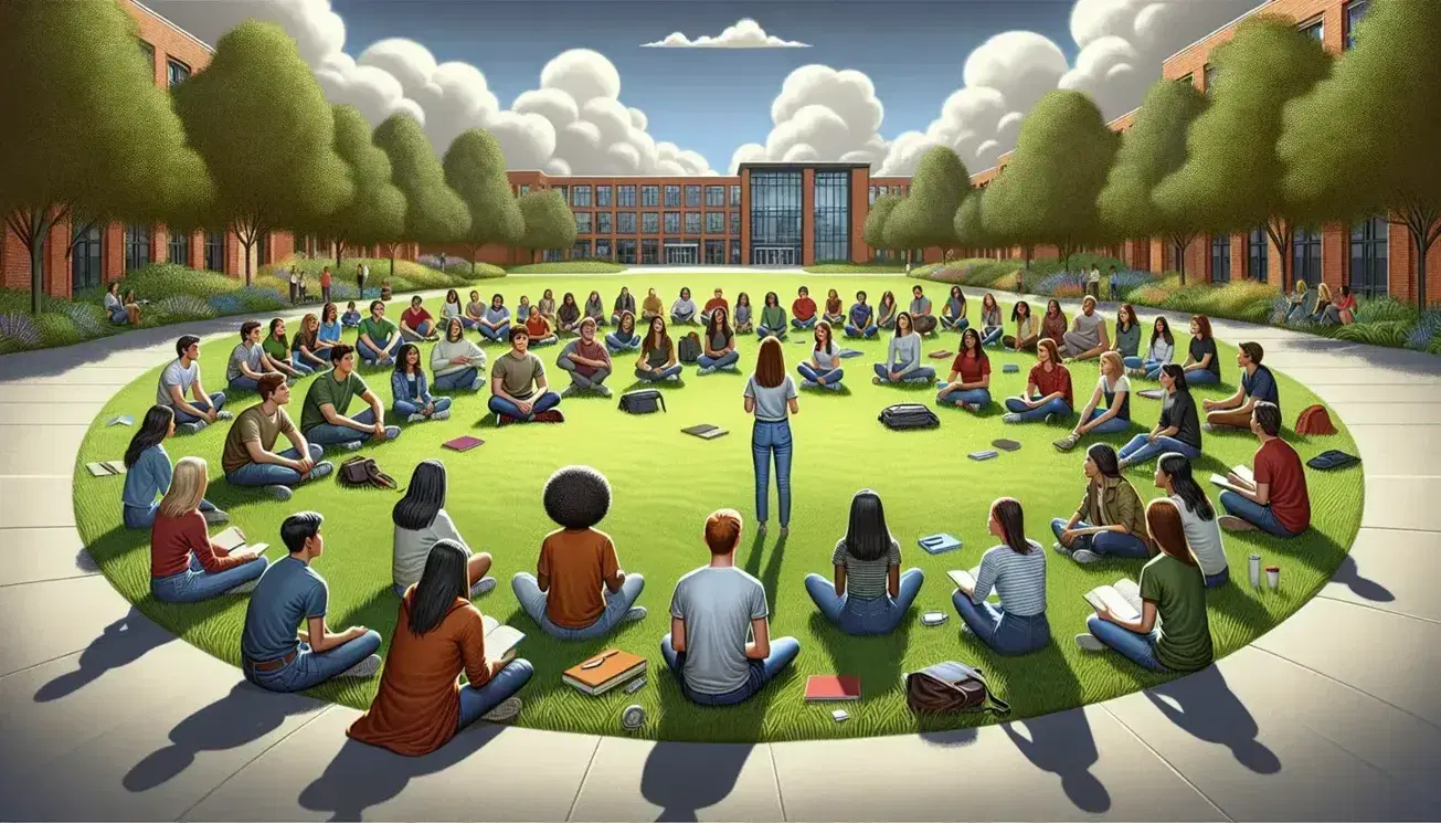 Grupo de jóvenes adultos diversos sentados en semicírculo en un campus universitario al aire libre, escuchando a un orador en un día soleado.