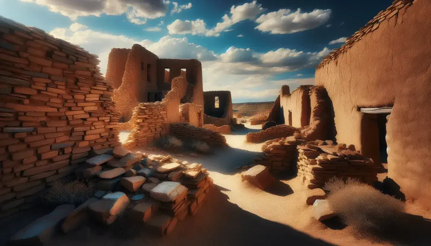 Ruinas antiguas de adobe y piedra bajo cielo azul, con paredes erosionadas y aberturas que sugieren ventanas o puertas, en un paisaje desértico.