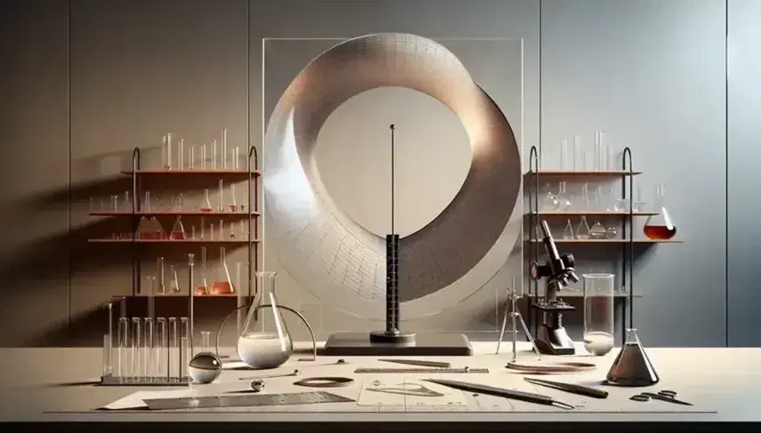 Laboratorio scientifico con modello tridimensionale di parabola trasparente, strumenti di misura metallici e microscopio nero su tavolo chiaro.