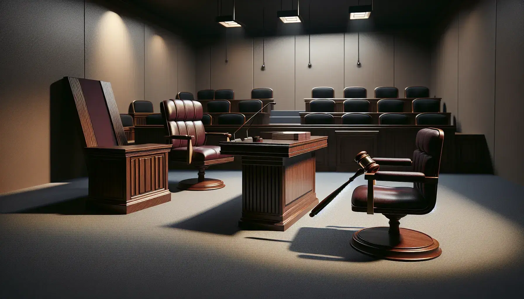 Empty courtroom with polished wooden judge's bench, witness stand, jury box, and tables with papers and pens, under soft lighting.
