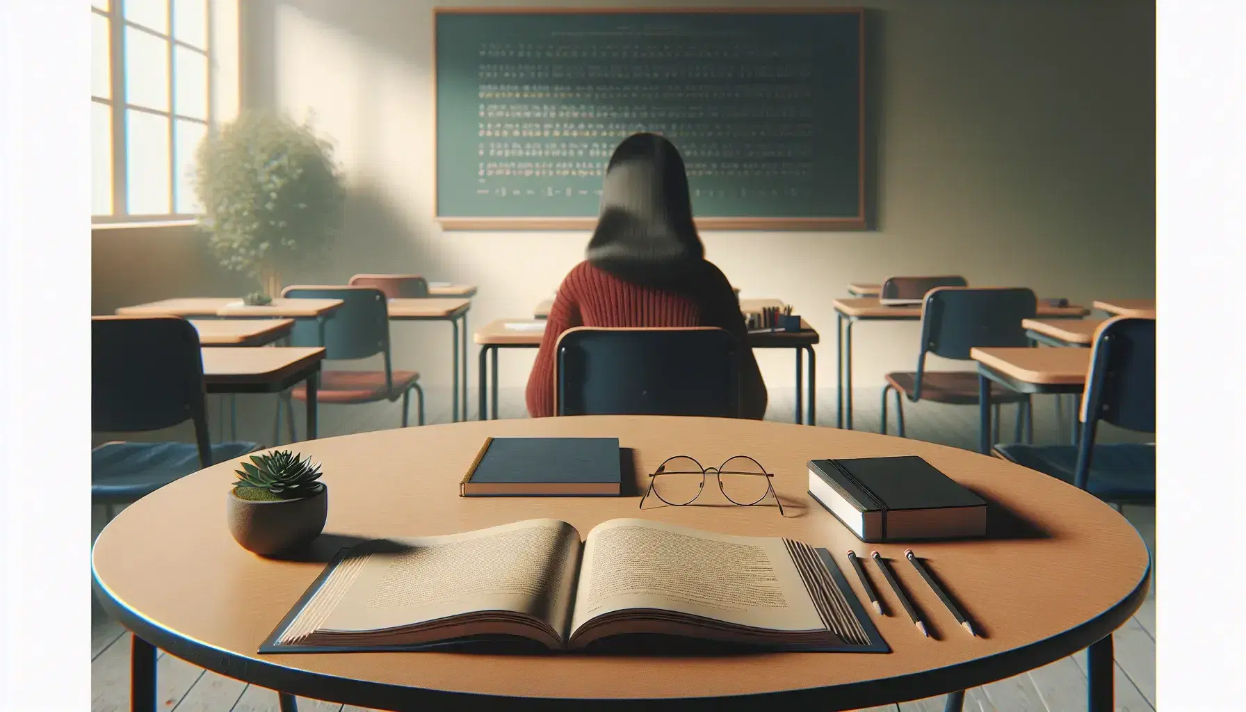 Spanish language study setup with an open textbook, blank notebook, pencils, and reading glasses on a wooden table, and a student in a red sweater.