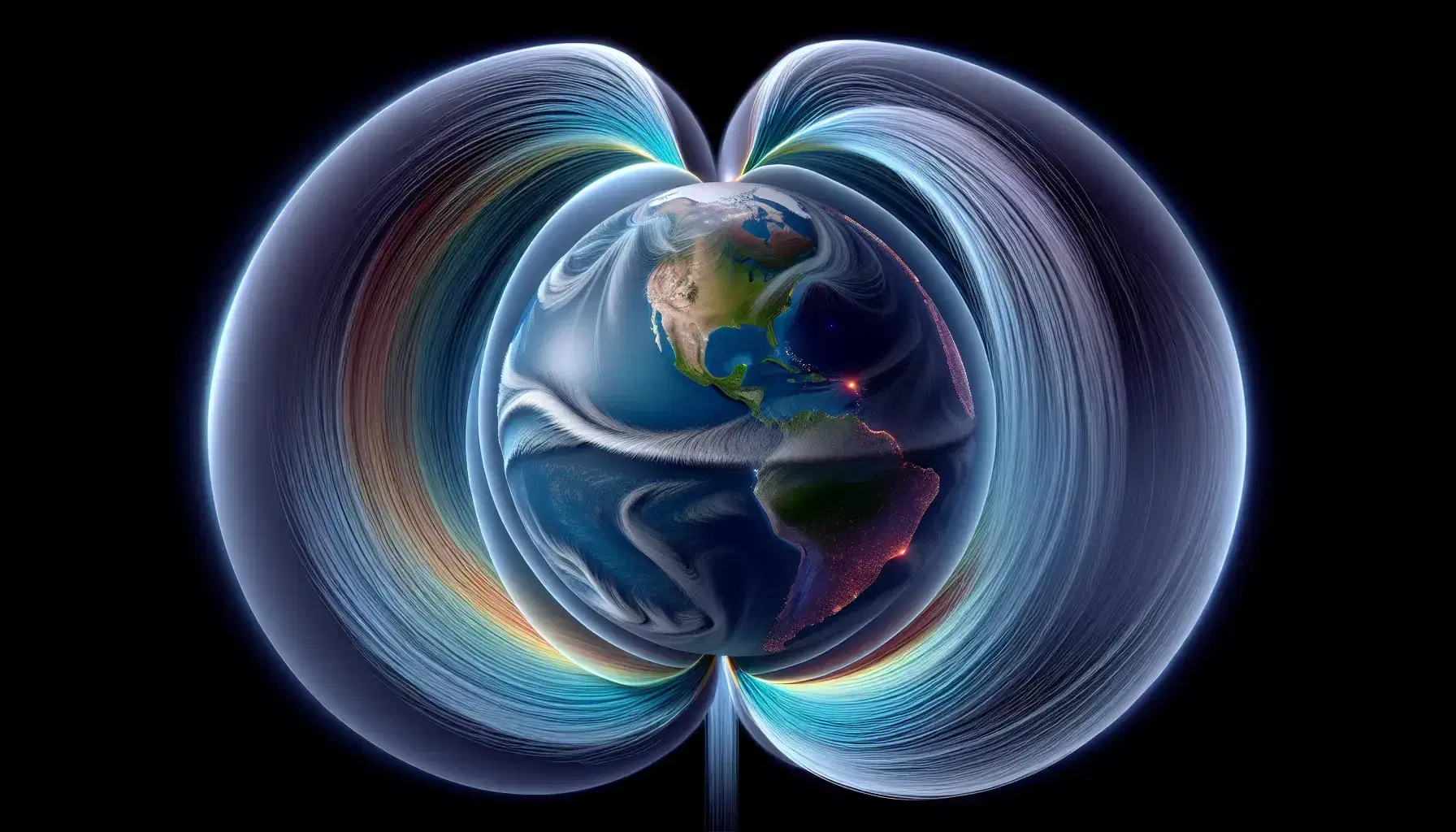 Three-dimensional view of Earth from space with magnetosphere, Van Allen belts and magnetic field lines on starry background.