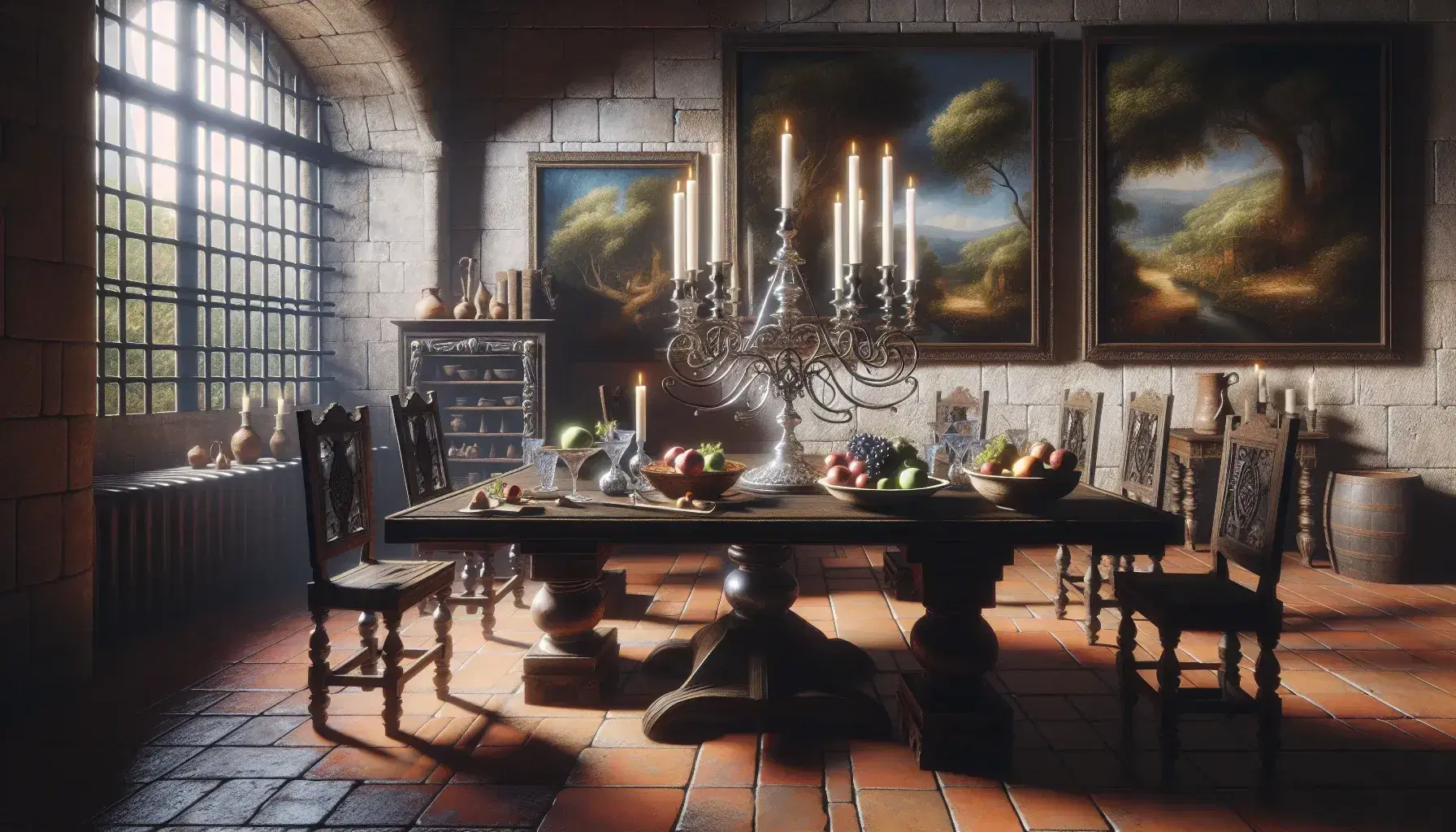 Scena di sala da pranzo antica con tavolo in legno scuro, candelabro d'argento, frutta su piatto ceramico e bicchiere di vino, senza persone.