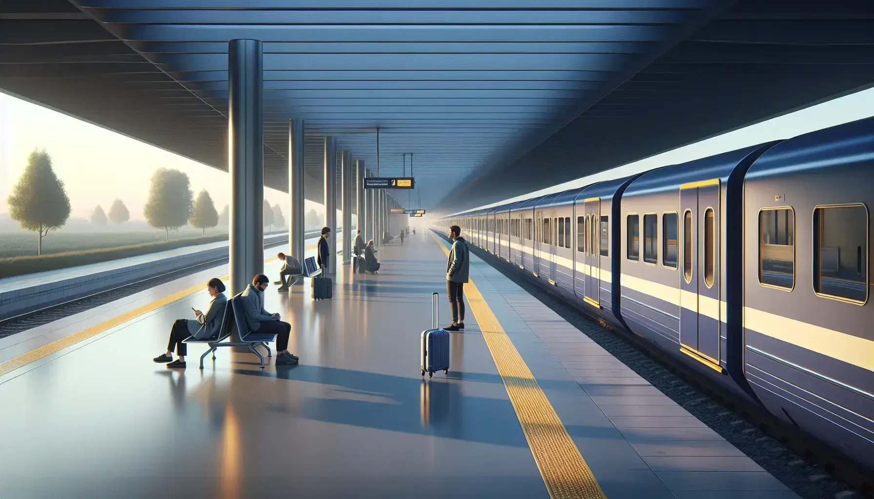 Modern blue gradient train at a serene station platform with five diverse passengers waiting, under a soft-lit clear sky, with a yellow safety line on the ground.