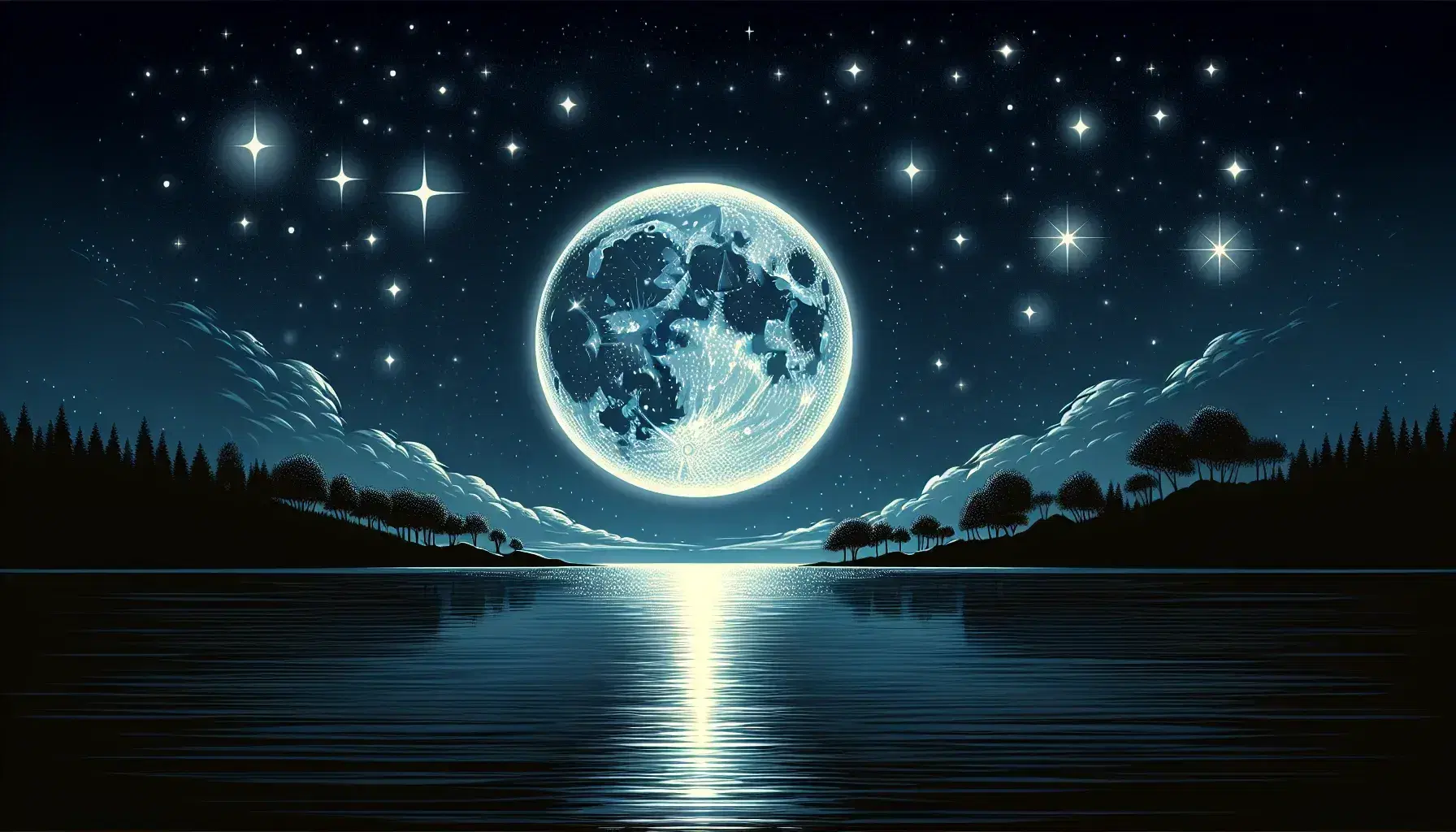 Luna piena luminosa riflette su un lago tranquillo con cielo stellato e silhouette di alberi in una notte serena.