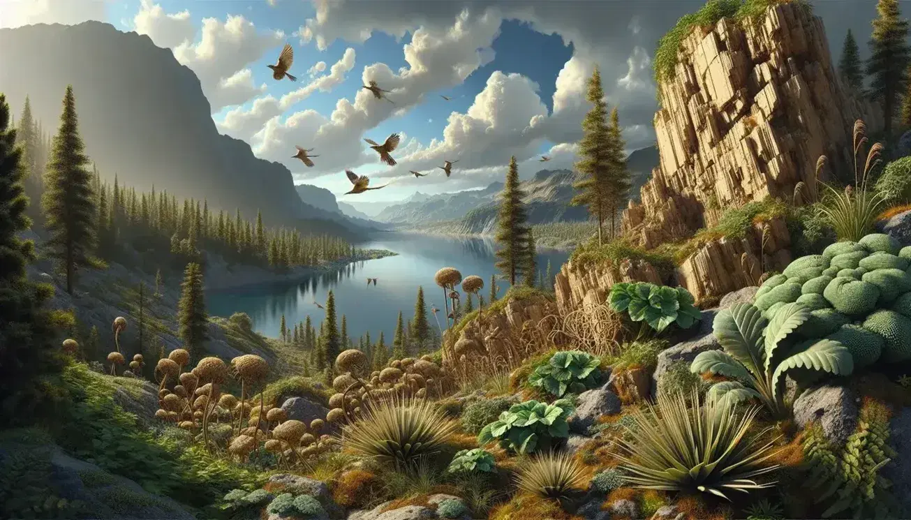 Paisaje natural con vegetación verde en primer plano, lago sereno, formación rocosa estratificada y montañas al fondo bajo un cielo azul con nubes y aves volando.