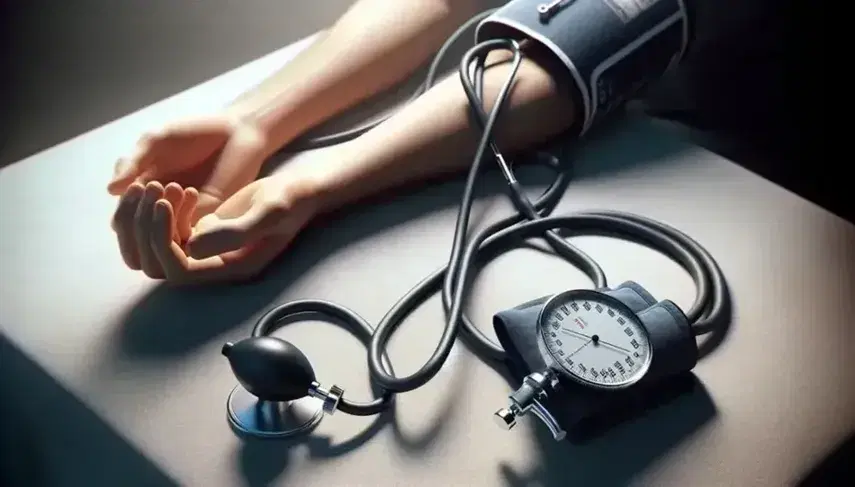 Blood pressure measurement with dark blue cuff sphygmomanometer and stethoscope with black tubes and silver bib, in blurred clinical setting.