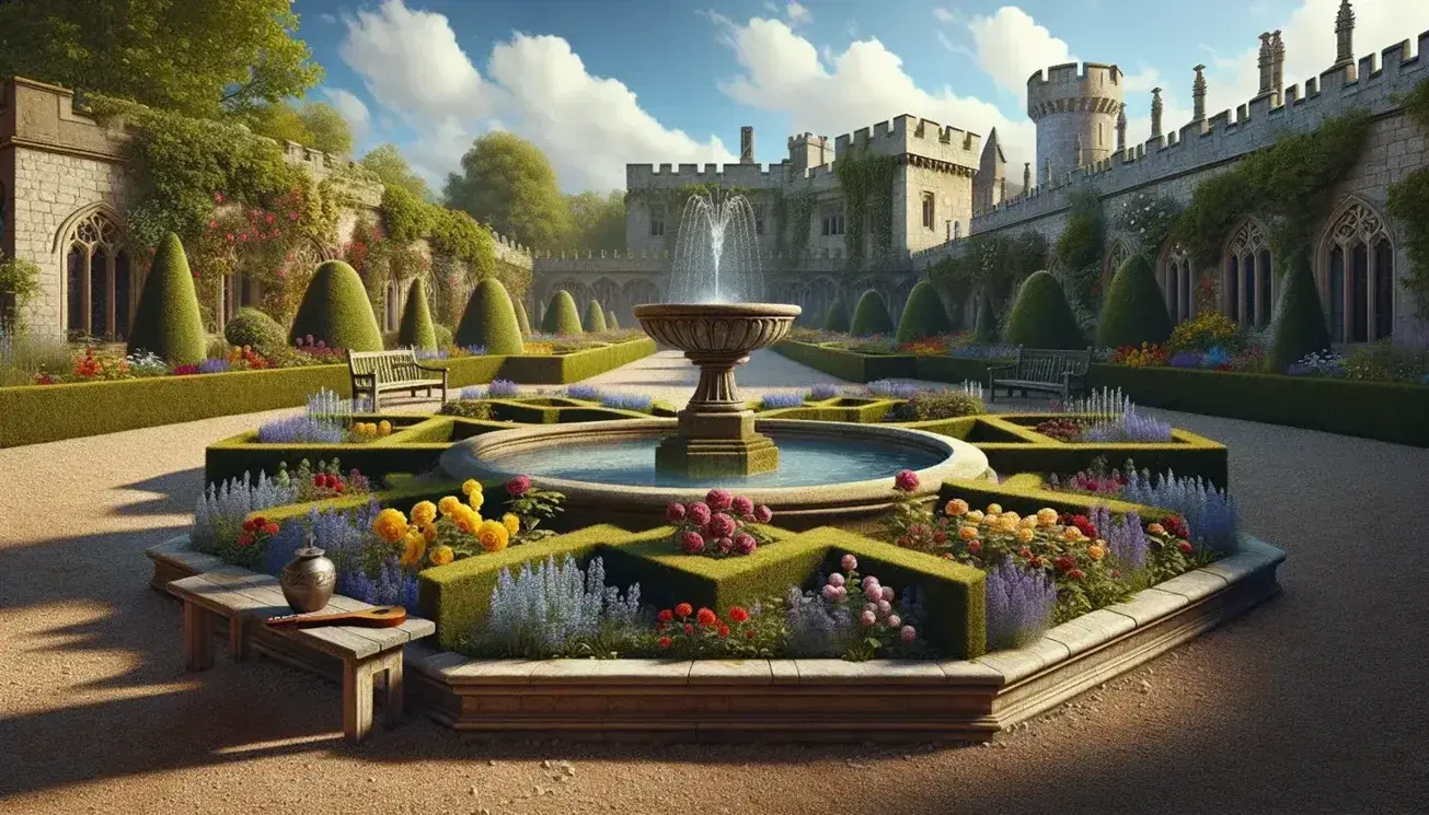 Giardino medievale fiorito con fontana in pietra, sentieri di ghiaia e castello sullo sfondo in una giornata soleggiata.