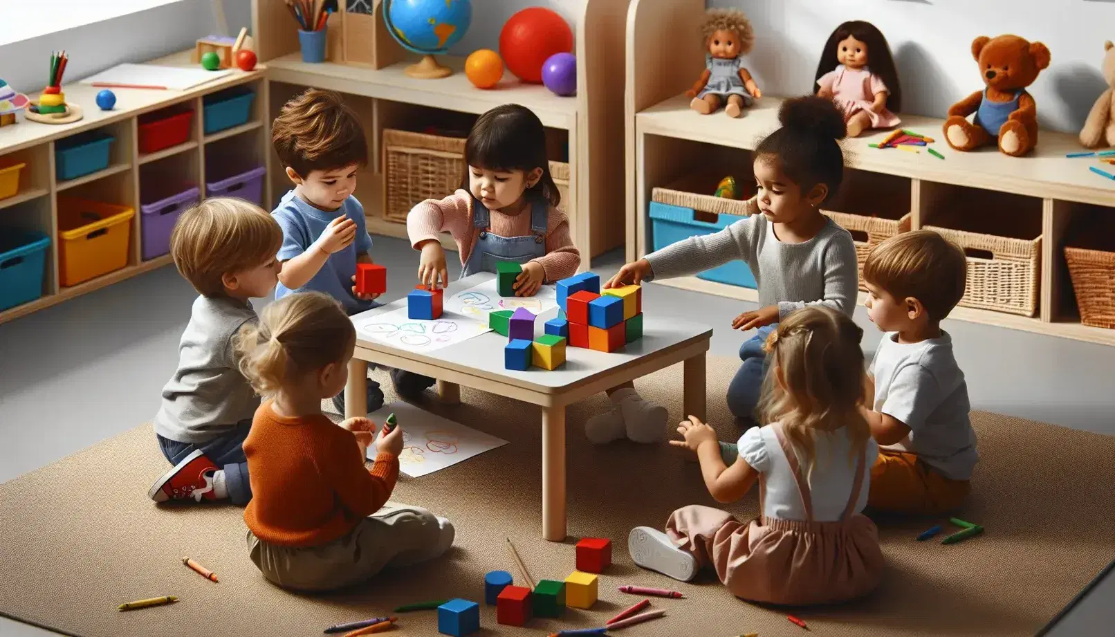 Niños en edad preescolar interactuando en clase, construyendo con bloques de colores y dibujando con crayones en una mesa, con juguetes y libros al fondo.