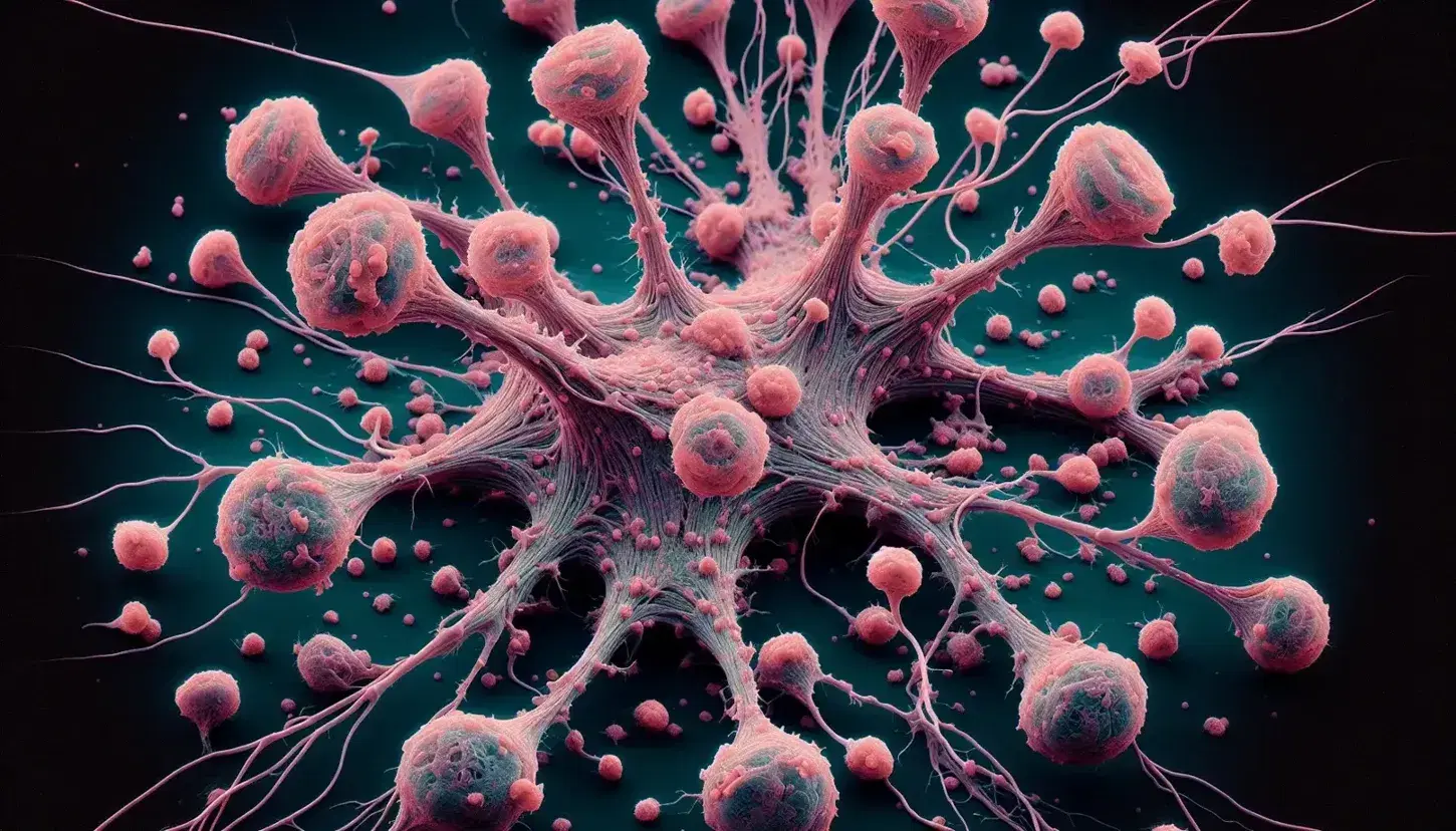 Vista microscópica de tejido cerebral humano con neuronas en rosa y células gliales en verde sobre fondo azul, destacando la compleja red neuronal.