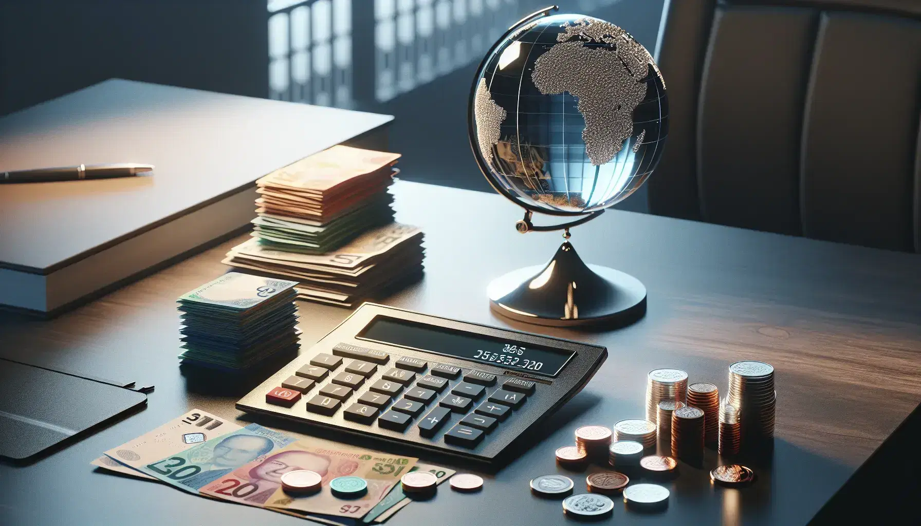 Organized office desk with modern calculator, assorted unmarked currency bills, scattered coins, crystal globe on wooden stand, and out-of-focus eyeglasses.