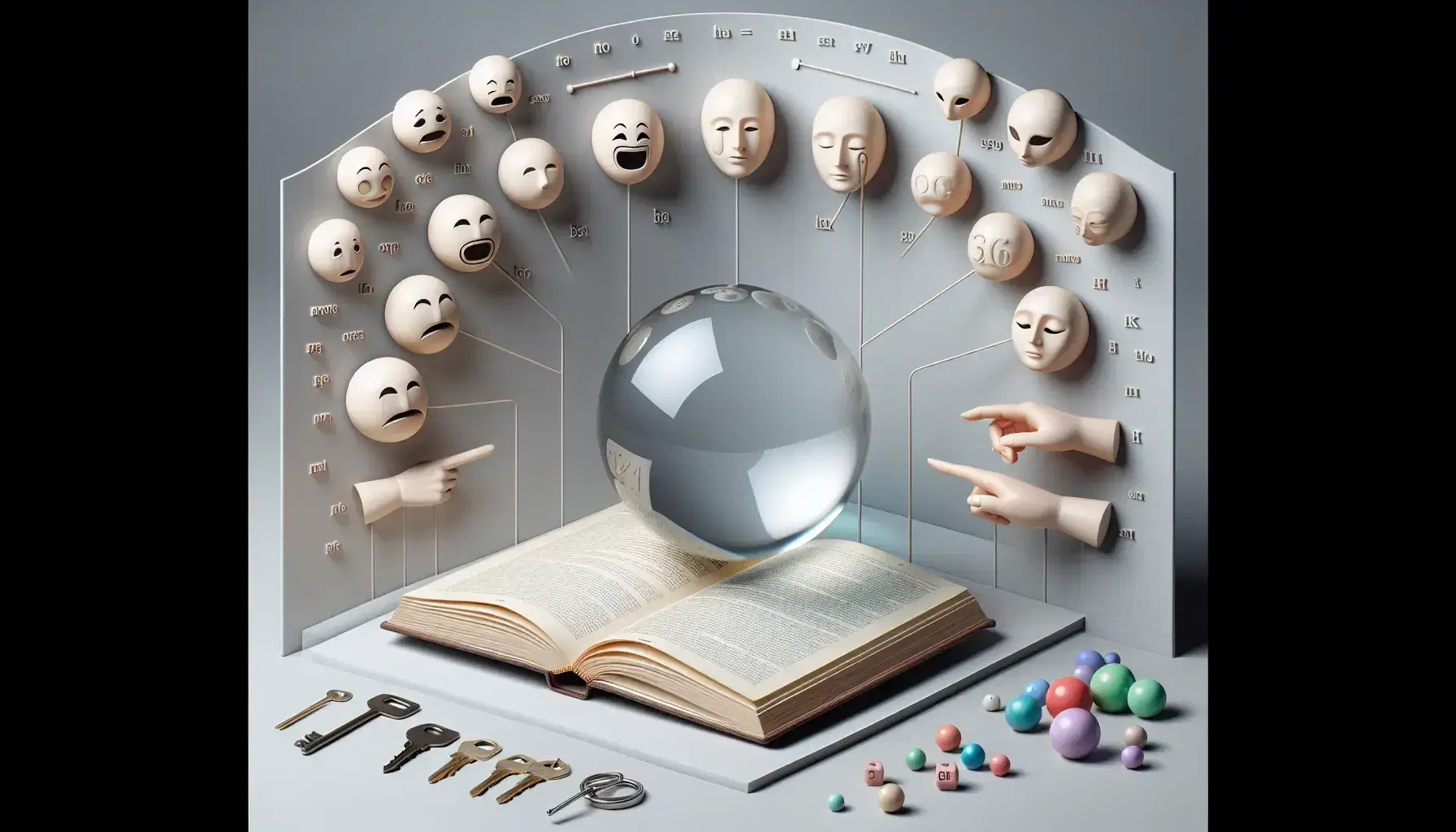 Libro aperto con sfera trasparente sopra, mazzo di chiavi a sinistra, dito indice a destra, palline colorate in primo piano e maschere teatrali.