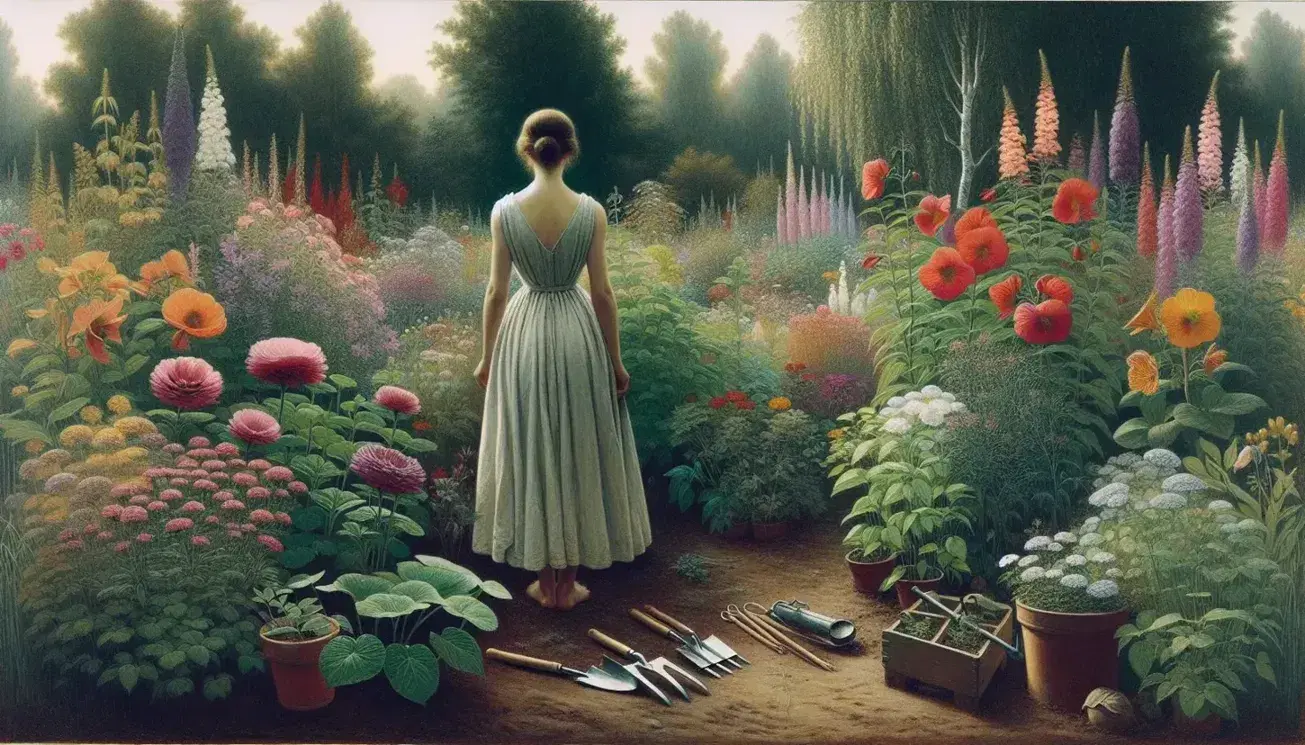 Woman in a knee-length dress tending to a vibrant garden with assorted flowers, gardening tools on the ground, under a clear blue sky.