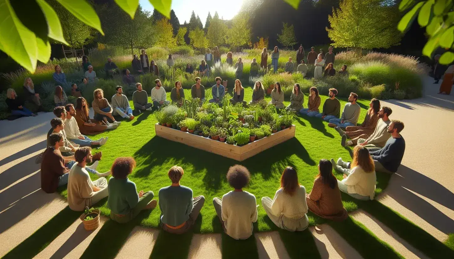 Grupo diverso de personas sentadas en círculo al aire libre en un jardín, con una caja de plantas verdes en el centro, bajo un cielo azul con árboles al fondo.