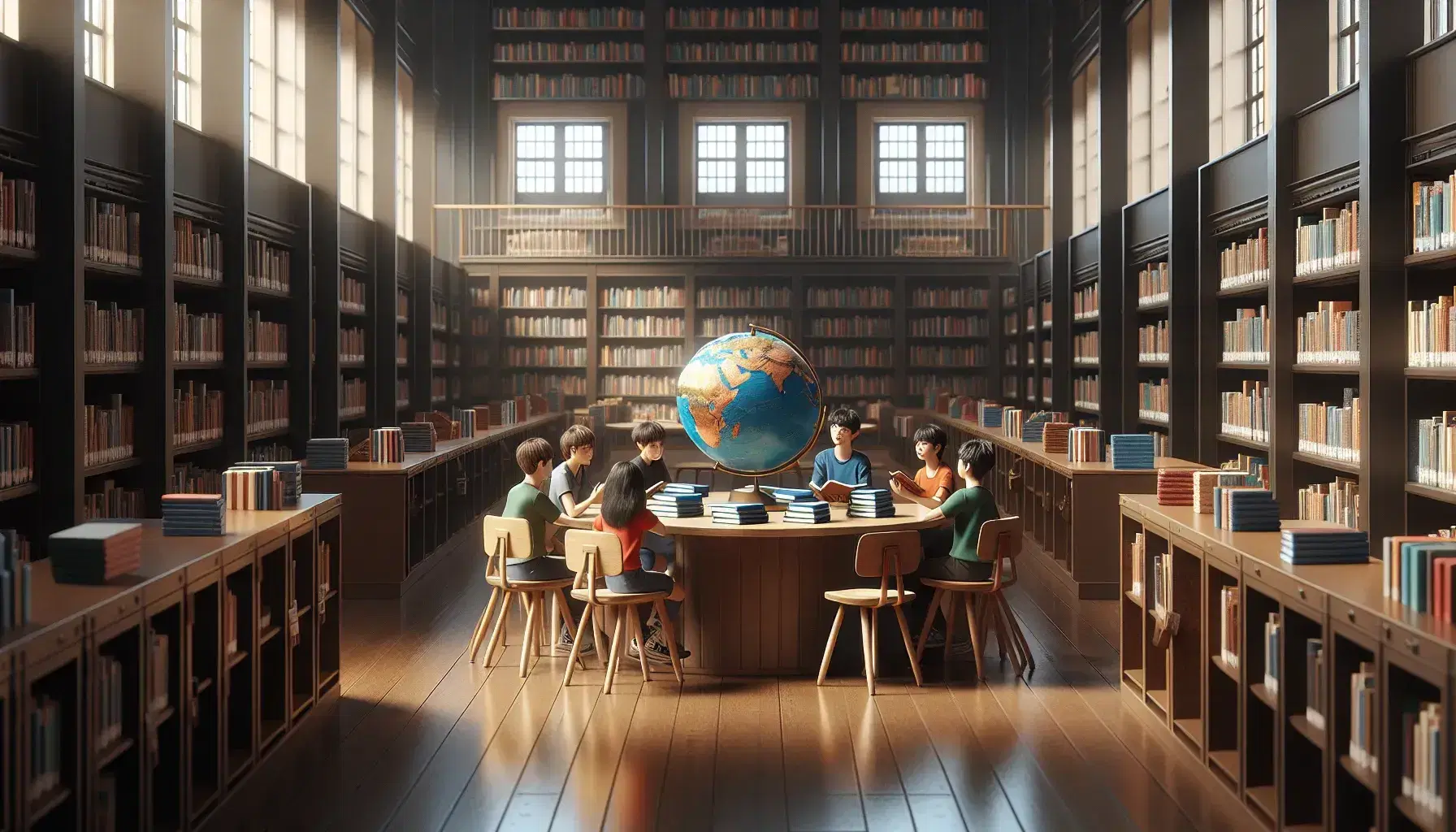 Biblioteca escolar iluminada con estantes de madera y libros variados, mesa con libros y globo terráqueo, y tres estudiantes concentrados en una discusión académica.