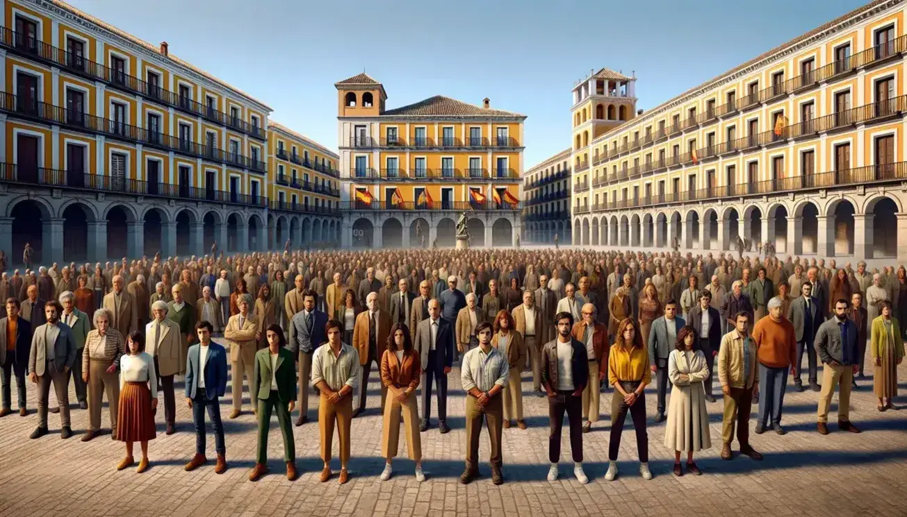 Peaceful demonstration in Spain with diverse individuals united, serious faces, classic Spanish architecture backdrop, and a clear blue sky.