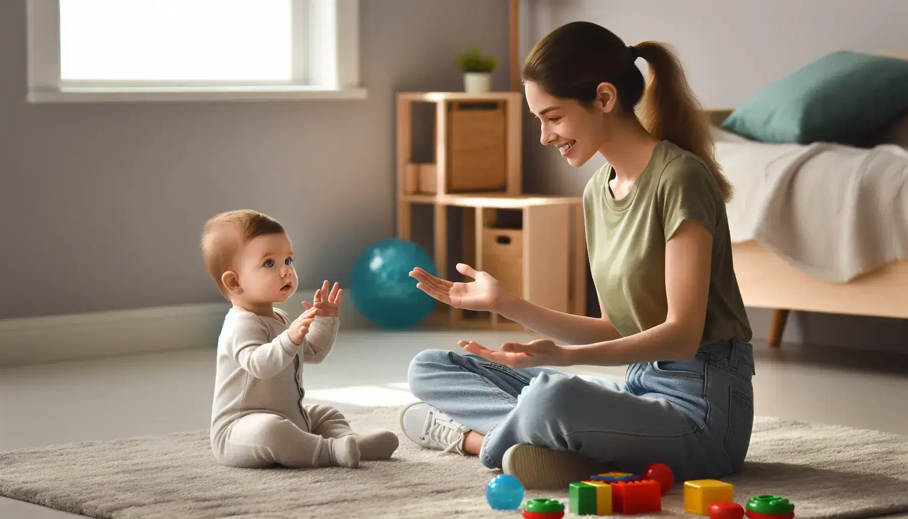 Bebé de piel clara sentado en el suelo con expresión concentrada, vistiendo un pelele azul claro, frente a una mujer sonriente con camiseta verde oliva y jeans que le extiende las manos, rodeados de juguetes coloridos y bajo una luz natural suave.