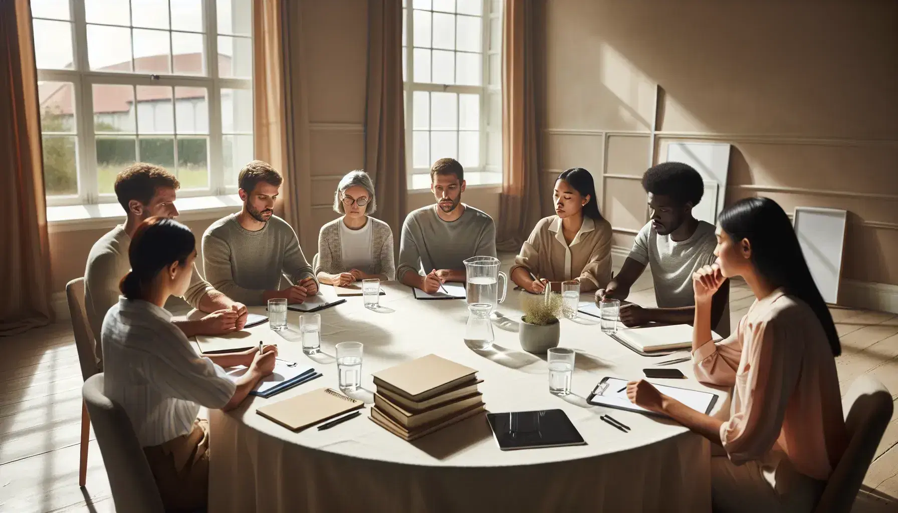 Multicultural group of six people sitting around a circular table in a brightly lit room, discussing attentively and collaboratively.