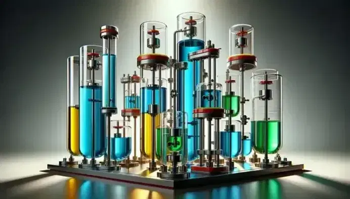 Vasi comunicanti con liquidi colorati e sollevatore idraulico che dimostra il principio di Pascal in un ambiente controllato senza persone.