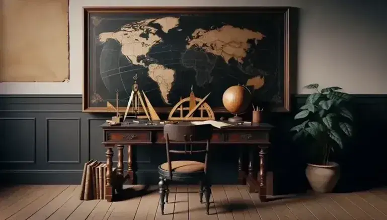 Aula tradicional con pizarra negra, escritorio de madera con compás, regla y sólidos geométricos, globo terráqueo y planta, bancas de madera y suelo de parqué iluminado por ventana.