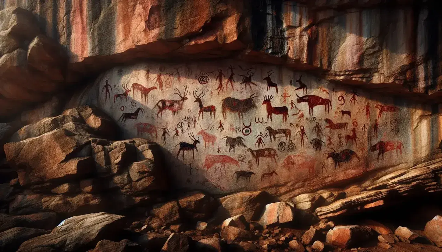 Pinturas rupestres en tonos rojos, negros y blancos sobre pared rocosa con figuras geométricas y siluetas estilizadas de animales y humanos.